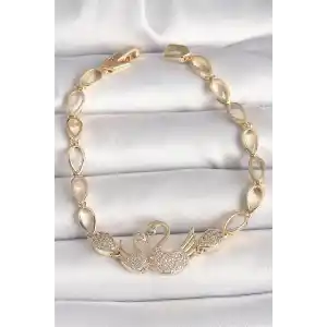 Pirinç Gold Renk Zirkon Taşlı Kuğu Figür Damla Zincir Model Kadın Bileklik
