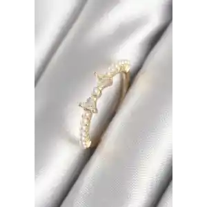 Pirinç Gold Renk Zirkon Taşlı Kurdele İnci Detay Kadın Yüzük