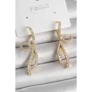 Pirinç Gold Renk Zirkon Taşlı Kurdele Model Kadın Küpe