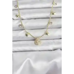 Pirinç Gold Renk Zirkon Taşlı Kutup Yıldızı Model Kadın Kolye