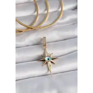 Pirinç Gold Renk Zirkon Taşlı Kutup Yıldızı Nazar Boncuk Detay Ajda Charm
