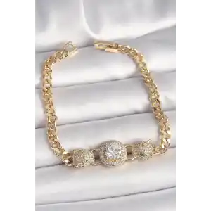 Pirinç Gold Renk Zirkon Taşlı Leopar Figür Zincir Model Kadın Bileklik