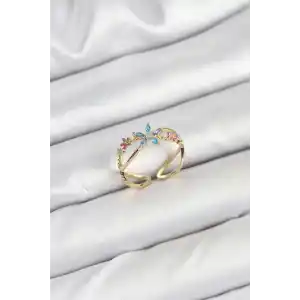 Pirinç Gold Renk Zirkon Taşlı Mavi Çiçekli Kadın Yüzük