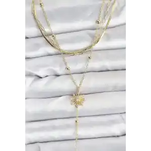 Pirinç Gold Renk Zirkon Taşlı Model Detaylı 3lü Kombin Y Kadın Kolye
