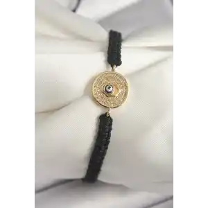 Pirinç Gold Renk Zirkon Taşlı Nazar Boncuk İşleme Makrome Asansörlü Model Kadın Bileklik