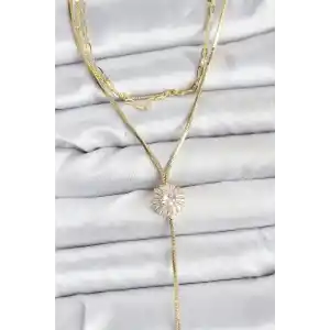 Pirinç Gold Renk Zirkon Taşlı Papatya Model Detaylı 3lü Kombin Y Kadın Kolye