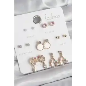 Pirinç Gold Renk Zirkon Taşlı Sallantı Damla Figür Beyaz Mine Detay 7 Çift Kadın Küpe Seti