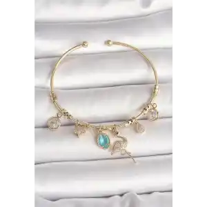 Pirinç Gold Renk Zirkon Taşlı Sallantı Filamingo Figür Charm Kadın Bileklik