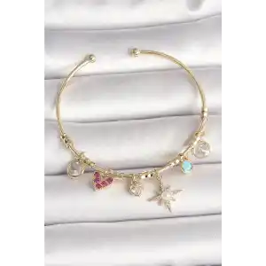 Pirinç Gold Renk Zirkon Taşlı Sallantı Kutup Yıldız Figür İnci Detay Charm Kadın Bileklik