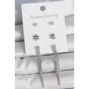 Pirinç Gold Renk Zirkon Taşlı Sallantılı Çiçek Detay 3 Çfit Kadın Küpe Seti
