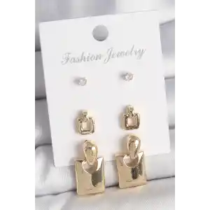 Pirinç Gold Renk Zirkon Taşlı Sallantılı Kare Model 3 Çift Kadın Küpe Seti