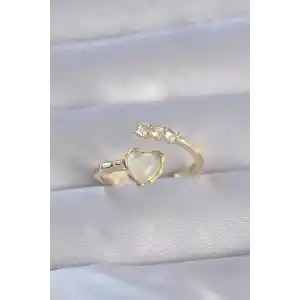 Pirinç Gold Renk Zirkon Taşlı Sedefli Kalp Model Ayarlanabilir Yüzük