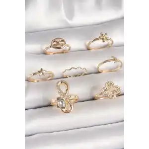 Pirinç Gold Renk Zirkon Taşlı Sonsuzluk Figür Yıldız Detay Kadın Yüzük Kombini