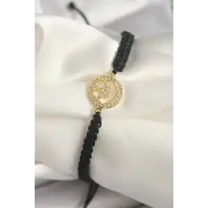 Pirinç Gold Renk Zirkon Taşlı Taç Figür Asansörlü Makrome Model Kadın Bileklik