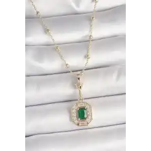 Pirinç Gold Renk Zirkon Taşlı Topçuk Zincir Serenay Model Kadın Kolye