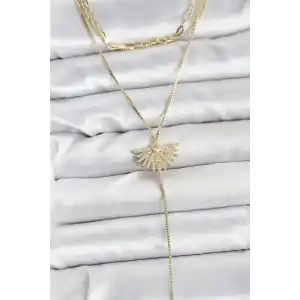 Pirinç Gold Renk Zirkon Taşlı Yelpaze Model Detaylı 3lü Kombin Y Kadın Kolye