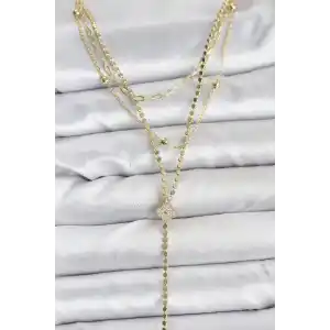 Pirinç Gold Renk Zirkon Taşlı Yonca Model Detaylı 3lü Kombin Y Kadın Kolye