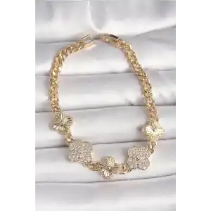 Pirinç Gold Renk Zirkon Taşlı Yonca Model Kadın Bileklik