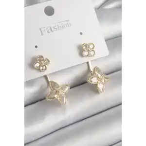 Pirinç Gold Renk Zirkon Taşlı Yonca Model Kadın Küpe