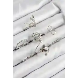 Pirinç Gül Kelebek Model Gümüş Renk Kadın Yüzük Kombin Set