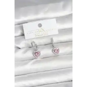 Pirinç Gümüş Pembe Renk Zirkon Taşlı Kalp Model Kadın Küpe