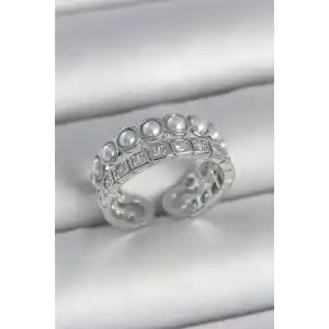 Pirinç Gümüş Renk 2Li Sıra Zirkon Taşlı Ve İncili Ayarlanabilir Kadın Yüzük
