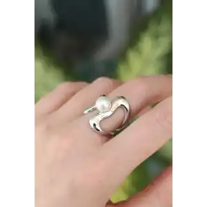 Pirinç Gümüş Renk Ayarlanabilir İnci Taşlı Yüzük