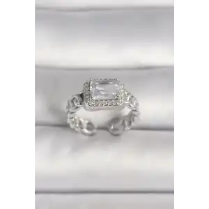 Pirinç Gümüş Renk Ayarlanabilir Zincir Kare Zirkon Taşlı Kadın Yüzük