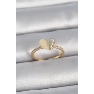 Pirinç Gümüş Renk Ayarlanabilir Zirkon Taşlı Beyaz Mineli Kalp Model Kadın Yüzük