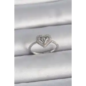 Pirinç Gümüş Renk Ayarlanabilir Zirkon Taşlı Kalp Model Kadın Yüzük