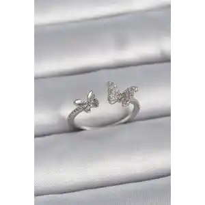 Pirinç Gümüş Renk Ayarlanabilir Zirkon Taşlı Kelebek Model Kadın Yüzük