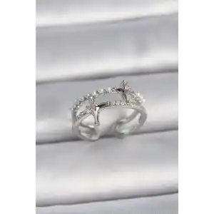 Pirinç Gümüş Renk Ayarlanabilir Zirkon Taşlı Kutup Yıldız İnci Detay Kadın Yüzük