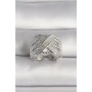 Pirinç Gümüş Renk Ayarlanabilir Zirkon Taşlı X Model Kadın Yüzük