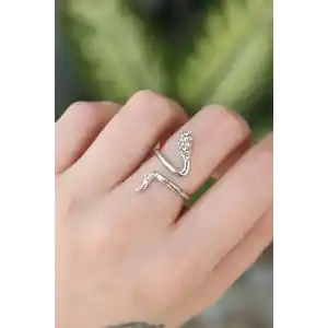 Pirinç Gümüş Renk Ayarlanabilir Zirkon Taşlı Yılan Yüzük