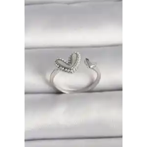 Pirinç Gümüş Renk Beyaz Mineli İnci Detaylı Kalp Model Ayarlanabilir Yüzük