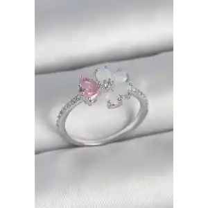 Pirinç Gümüş Renk Beyaz Mineli Pembe Zirkon Taşlı Çiçek Model Kadın Yüzük