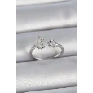 Pirinç Gümüş Renk İncili Hilal Zirkon Taşlı Yıldız Ayarlanabilir Kadın Yüzük
