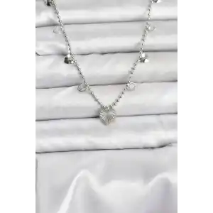 Pirinç Gümüş Renk Kalp Model Kadın Kolye