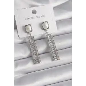 Pirinç Gümüş Renk Kare İnci Zirkon Taşlı Su Yolu Model Kadın Küpe