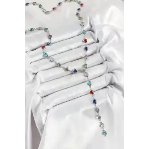 Pirinç Gümüş Renk Karışık Renk Zirkon Taşlı Kalpli Y Kadın Kolye
