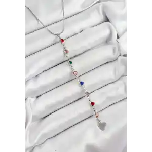 Pirinç Gümüş Renk Karışık Renk Zirkon Taşlı Kalpli Y Kadın Kolye