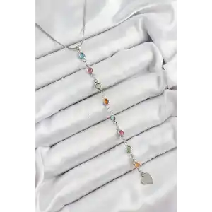 Pirinç Gümüş Renk Karışık Renk Zirkon Taşlı Y Kadın Kolye