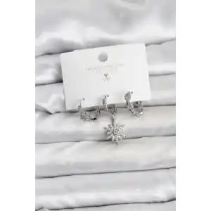 Pirinç Gümüş Renk Kutup Yıldızı Model 3lü Kadın Küpe Seti