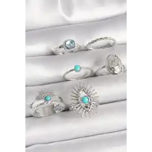 Pirinç Gümüş Renk Mavi Taşlı Kare Zirkon Taş Detaylı Kadın Yüzük Kombini
