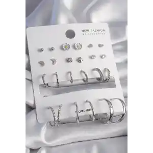 Pirinç Gümüş Renk Papatya Detaylı 12 Çift Kadın Küpe Seti