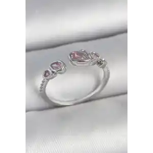 Pirinç Gümüş Renk Pembe Damla Zirkon Taşlı Ayarlanabilir Model Kadın Yüzük