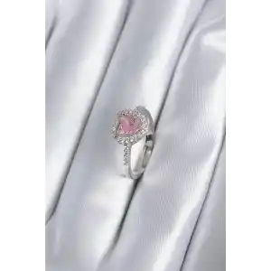 Pirinç Gümüş Renk Pembe Zirkon Taş Kalp Charm Model Kadın Yüzük