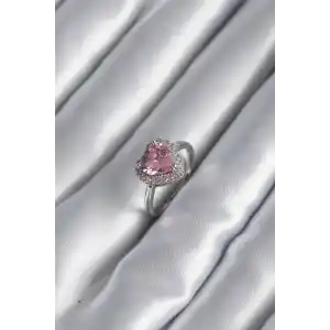 Pirinç Gümüş Renk Pembe Zirkon Taş Kalp Charm Model Kadın Yüzük