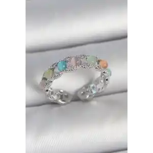 Pirinç Gümüş Renk Renkli Mineli Ayarlanabilir Kadın Yüzük