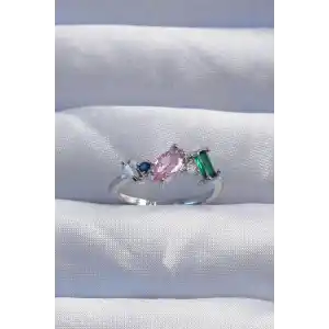 Pirinç Gümüş Renk Renkli Zirkon Taşlı Ayarlanabilir Yüzük